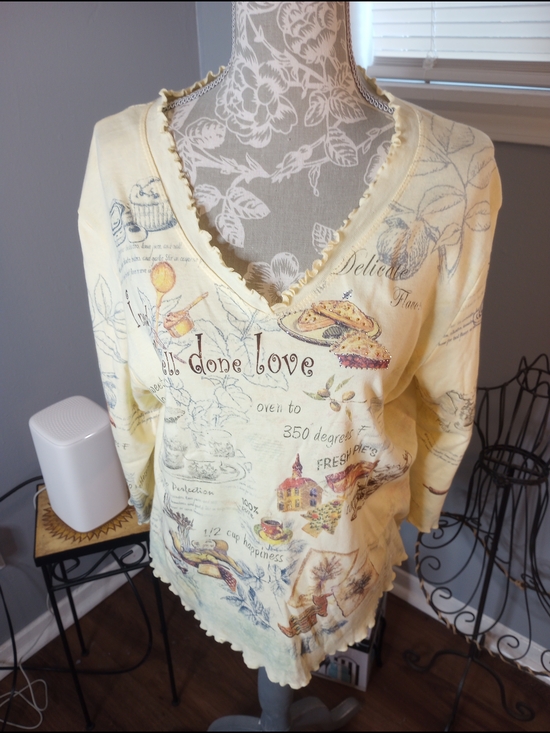 Cactus Tops - Cactus Pale Yellow Long Sleeve V-Neck Tee with Botanical Print